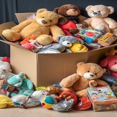 Box with donated toys.