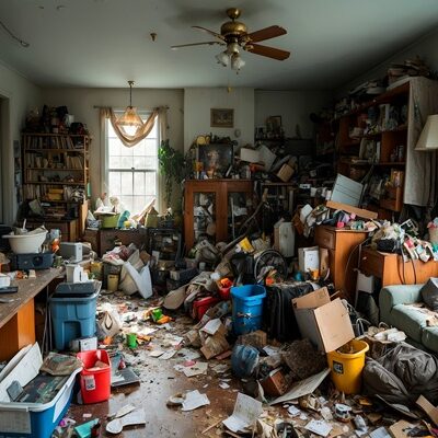 Inside a hoarder's chaotic and cluttered home.