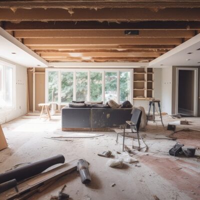 Renovation concept. Living room interior prepared for repair. Unfinished construction in apartment. Created with Generative AI