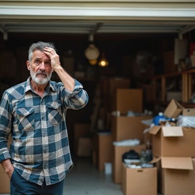 Confused man stands outside his cluttered garage. Boxes fill the space, creating chaos and disarray. He looks perplexed, hand on his head thinking about home organization problems.