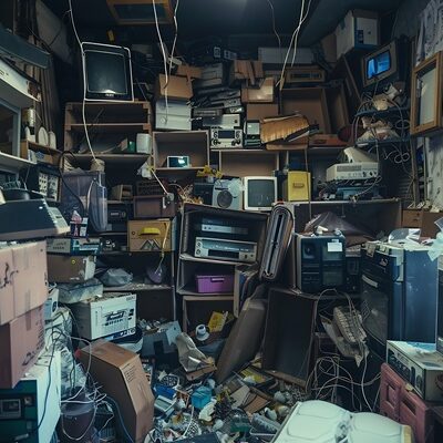 Hoarder room packed with boxes electronics business equipment household objects and miscellaneous junk : Generative AI
