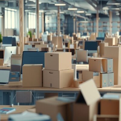 Endless cardboard boxes clutter an abandoned office space, illustrating corporate relocation or closure.